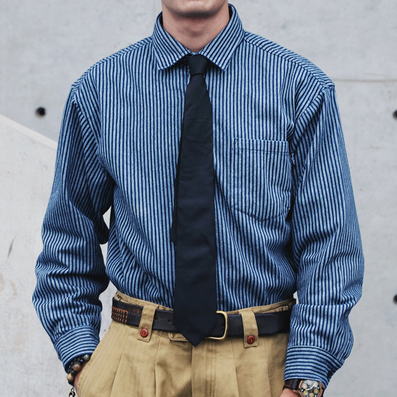 法式工裝藍色條紋襯衫男長袖寸衫春秋季美式寬松休閑襯衣外套