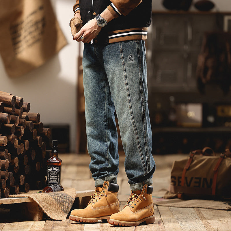 新款設計感拼接工裝長褲美式休閑水洗牛仔褲