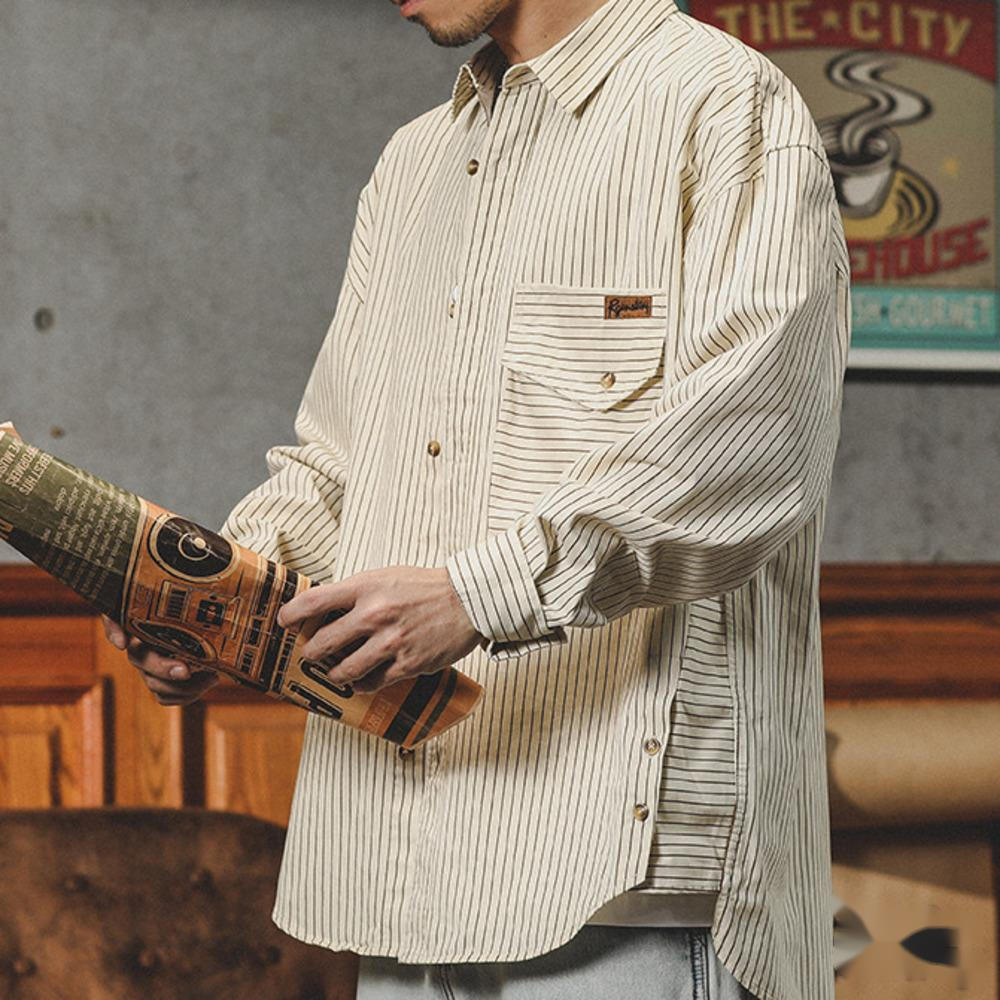 美式條紋襯衫男長袖設計感寬鬆休閒廓形襯衣寸衫外套