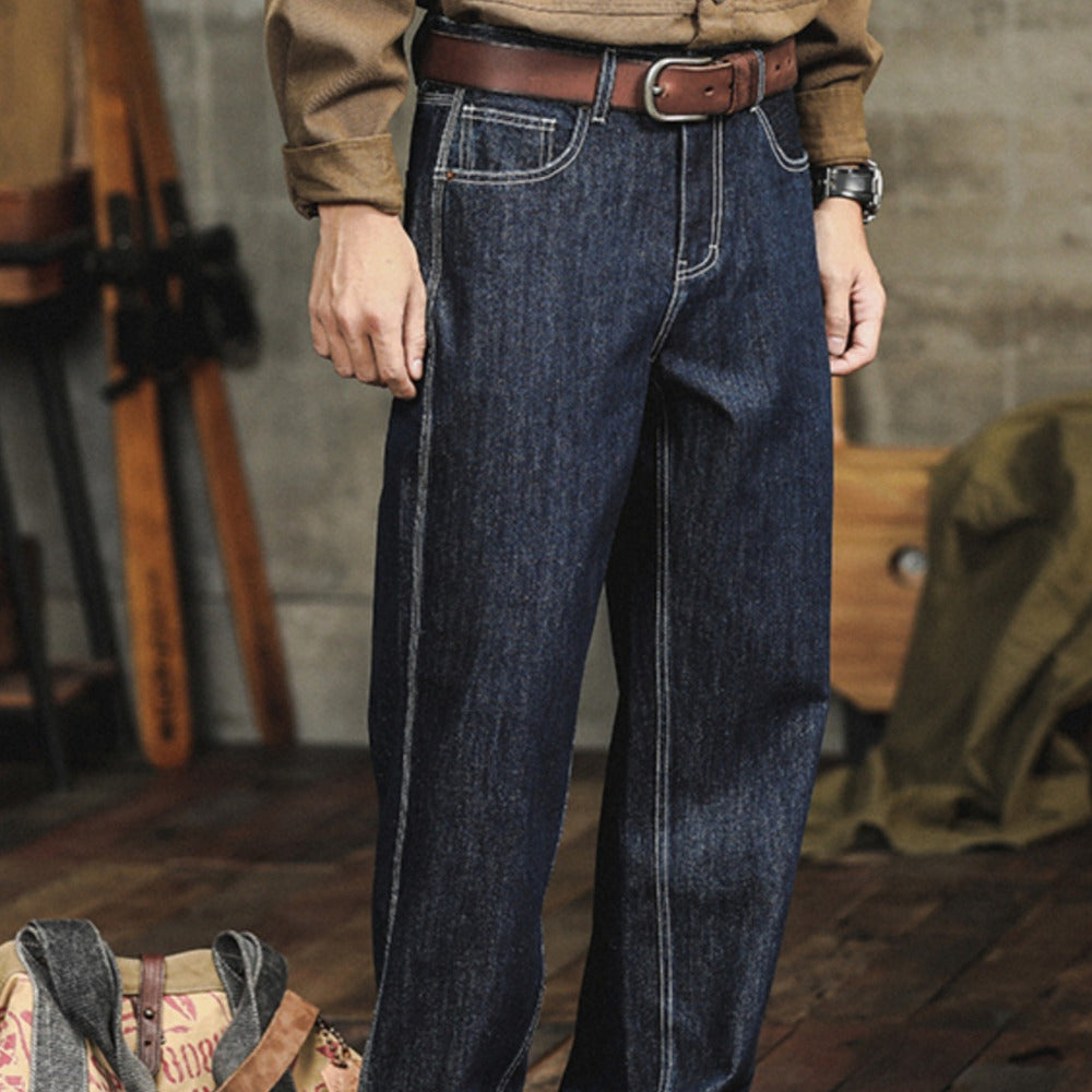 活性染原色牛仔美式赤耳丹寧牛仔褲男直筒寬松原牛休閑長褲子