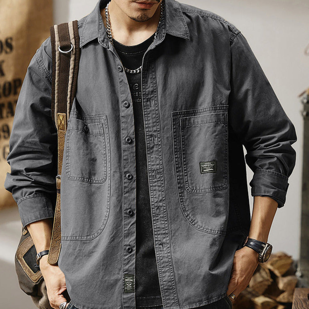 男士長袖春秋季款阿美咔叽美式復古軍綠色外套休閑襯衣