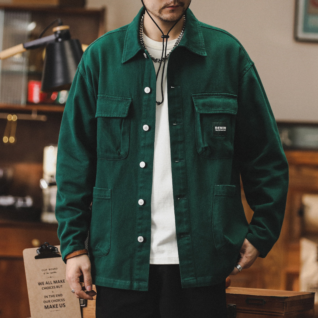 新款美式復古工裝夾克外套男寬松休閑大碼2024多口袋男裝襯衫