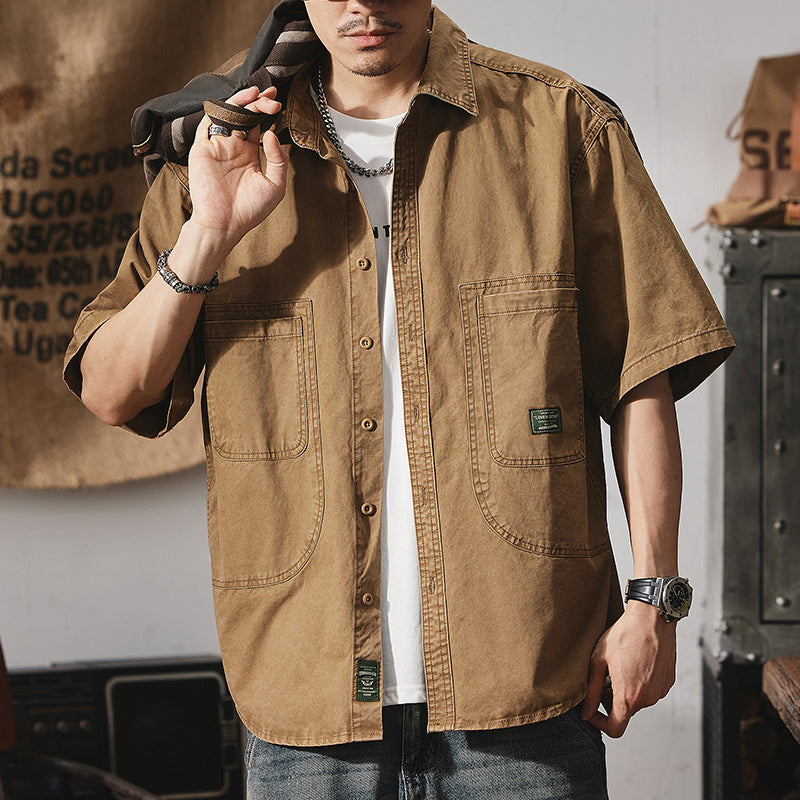 夏季美式硬漢工裝上衣純棉貼標大碼半袖襯衣