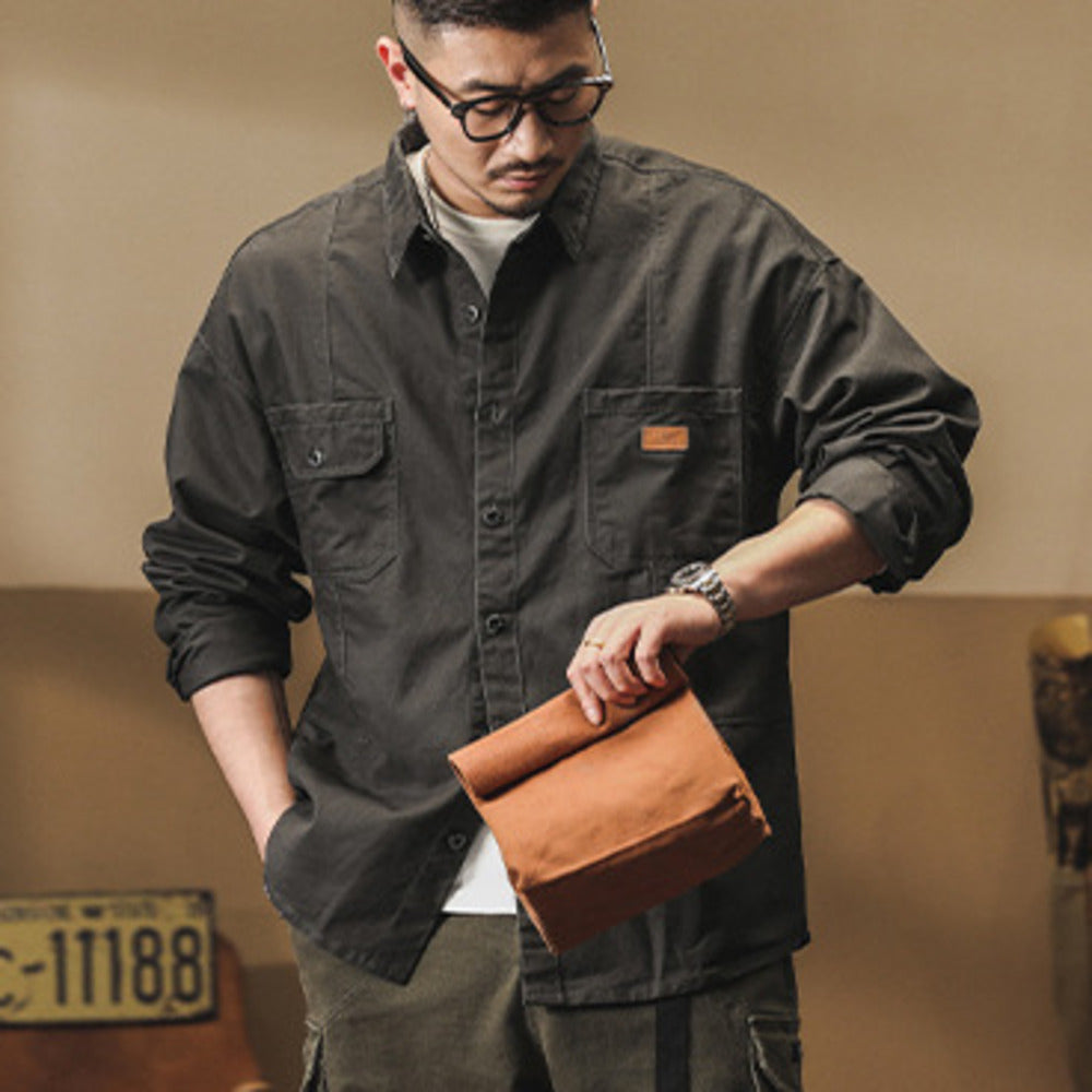 美式復古長袖襯衫春秋季款純棉休閑工裝襯衣外套