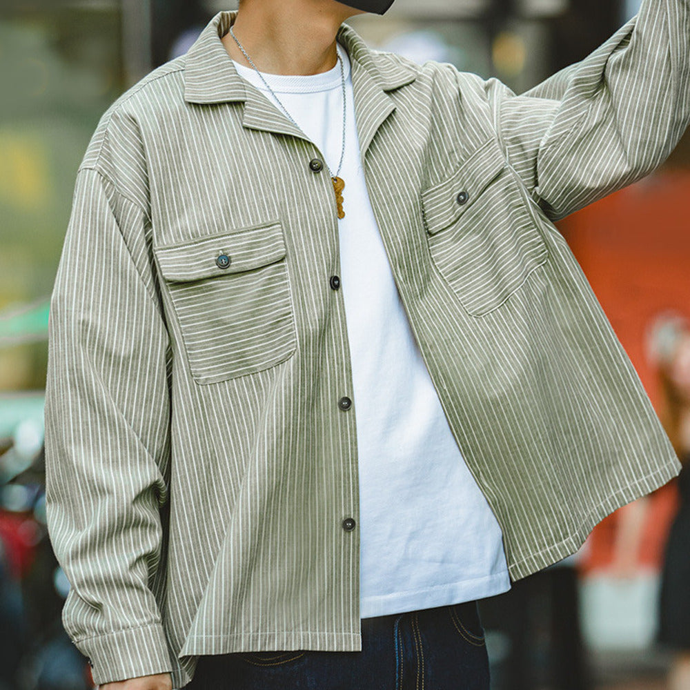 復古條紋古巴領阿美咔叽古著長袖上衣男