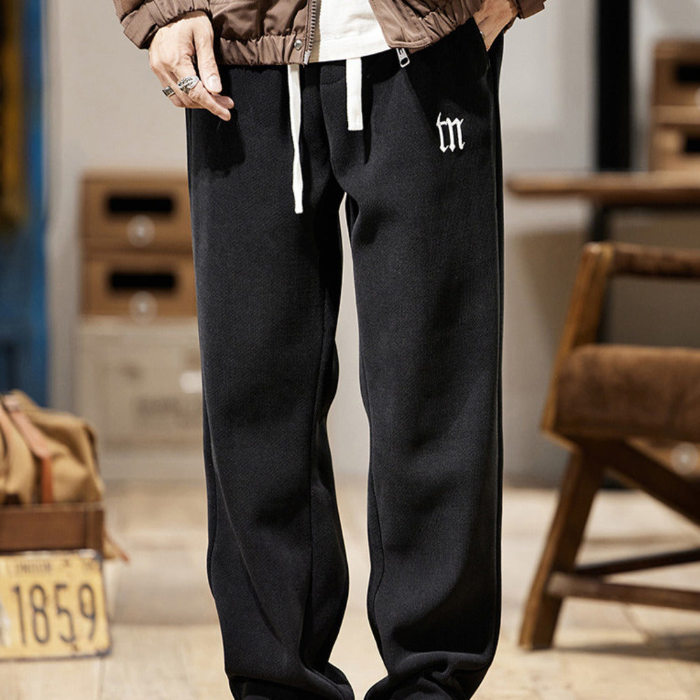 美式寬松衛褲男士垂感直筒長褲針織刺繡休閑褲