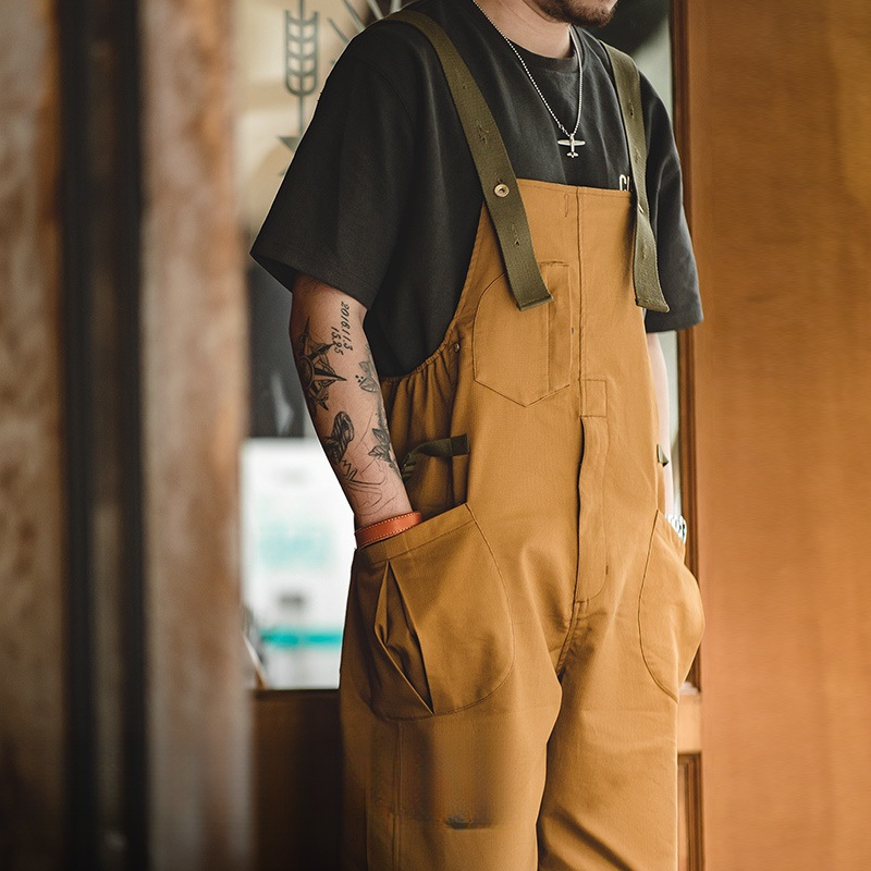 復古寬松BF直筒背帶褲阿美咔叽休閑連體吊帶長褲