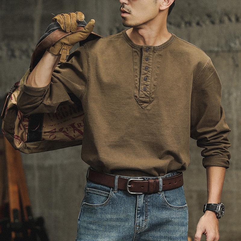 硬漢水洗做舊純棉Polo衫男春秋款休閑美式復古亨利衫長袖T恤