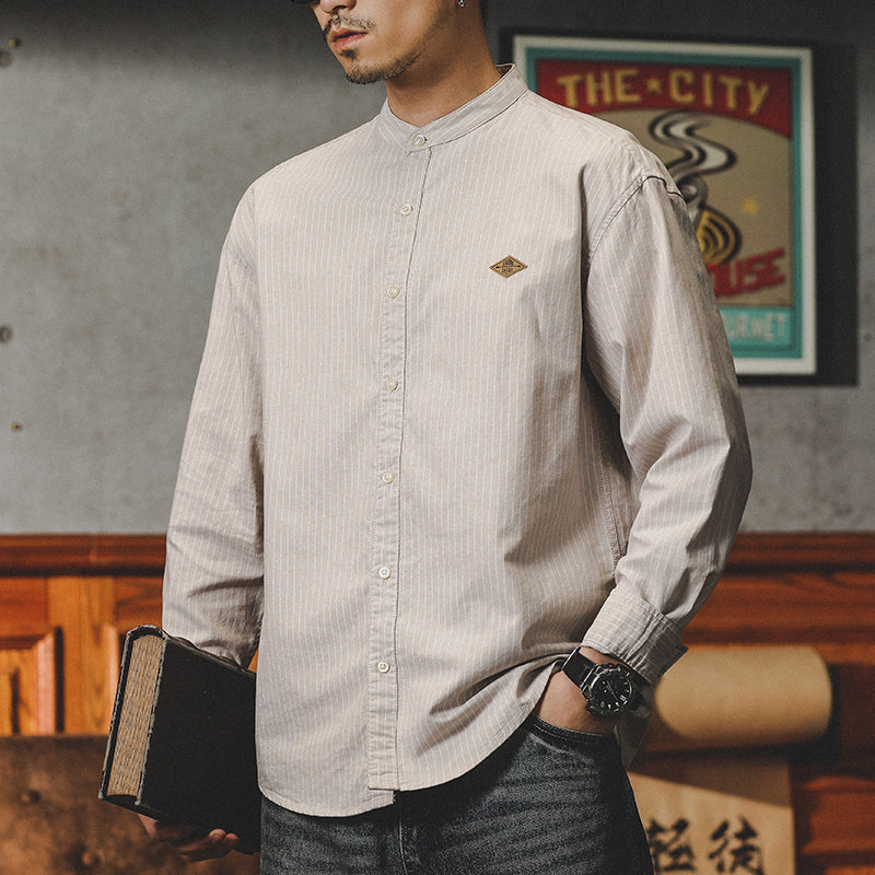 復古條紋襯衫春秋季美式休閑圓領內搭外穿立領襯衣外套