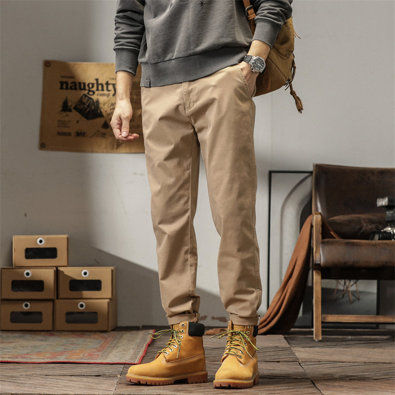 男款復古垂感軍綠色褲子美式男士卡其褲九分小西褲