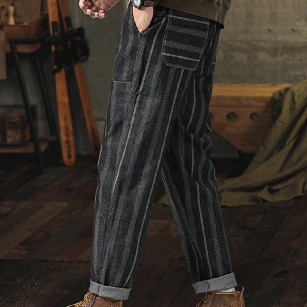 美式復古條紋休閑褲子男秋季英倫雅痞寬松直筒哈倫九分錐形褲