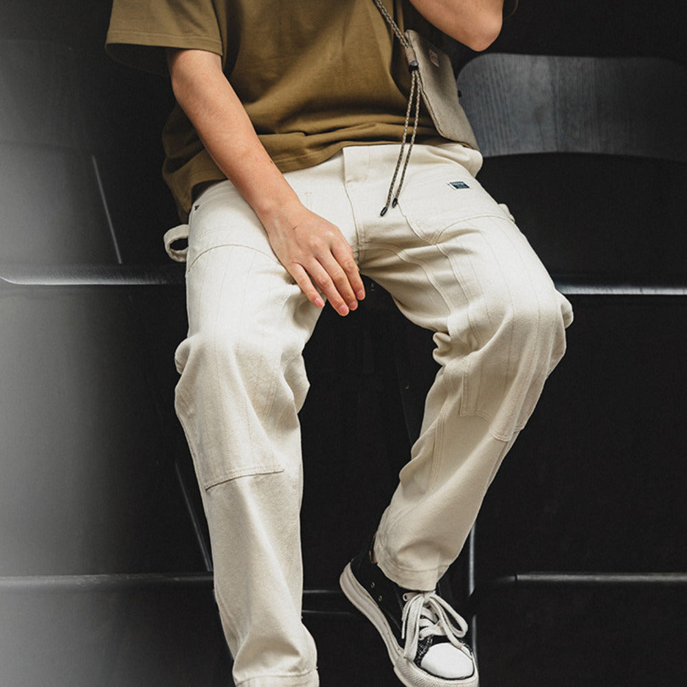 美式復古做舊寬松米白色牛仔褲水洗直筒多袋伐木工裝褲