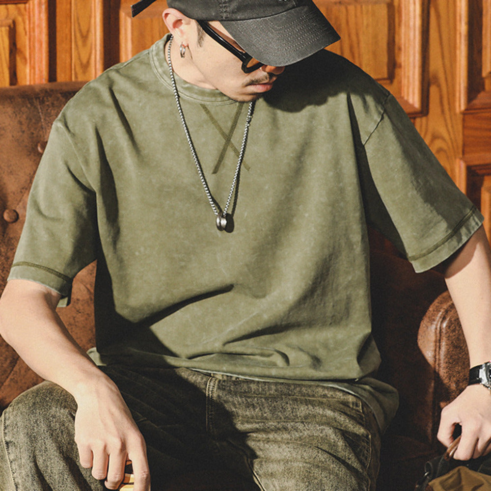 美式復古水洗t恤男短袖夏季寬松大碼潮牌潮流半截袖純棉體恤