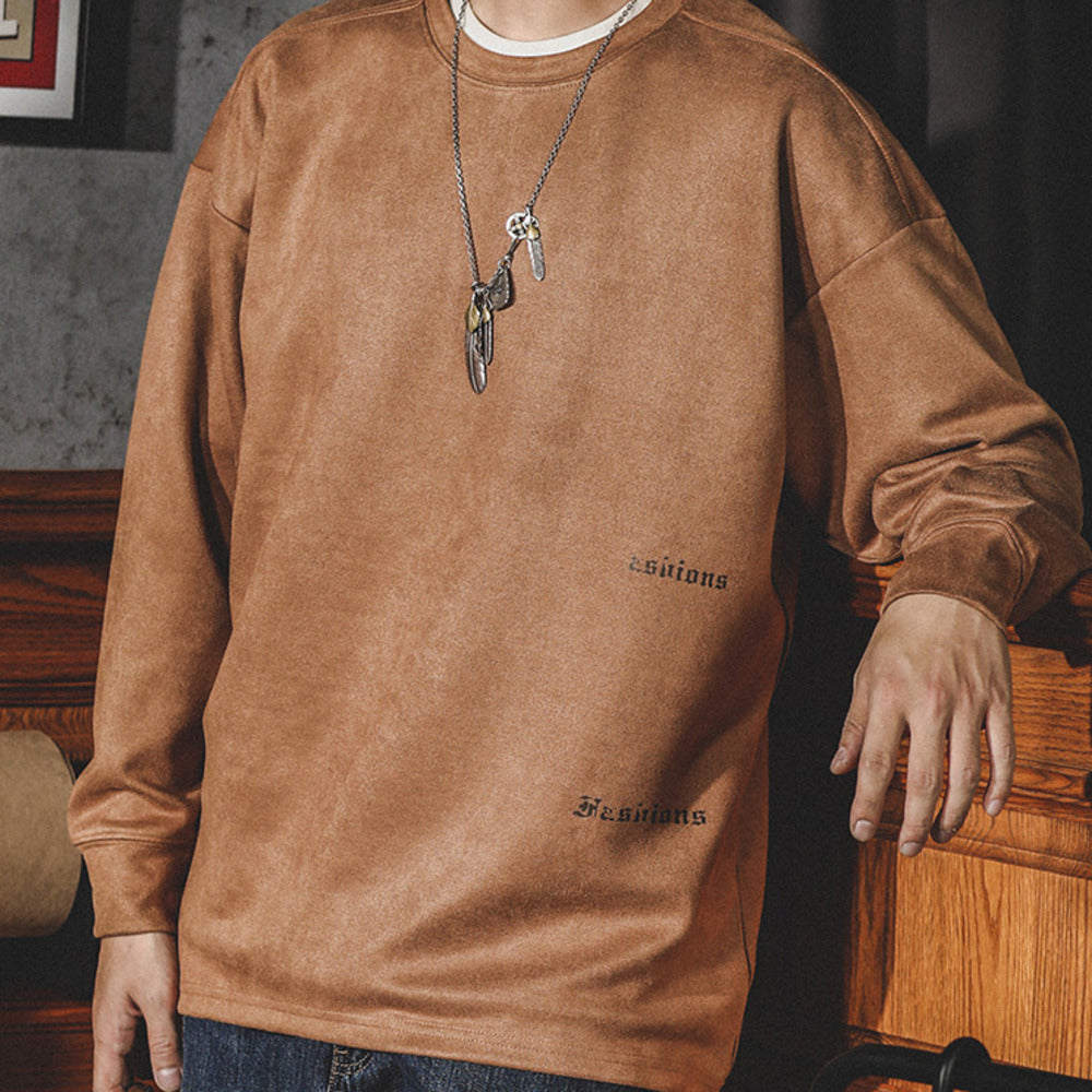 美式復古高級感超好看t恤男士長袖春秋季薄款寬松圓領麂皮絨衛衣