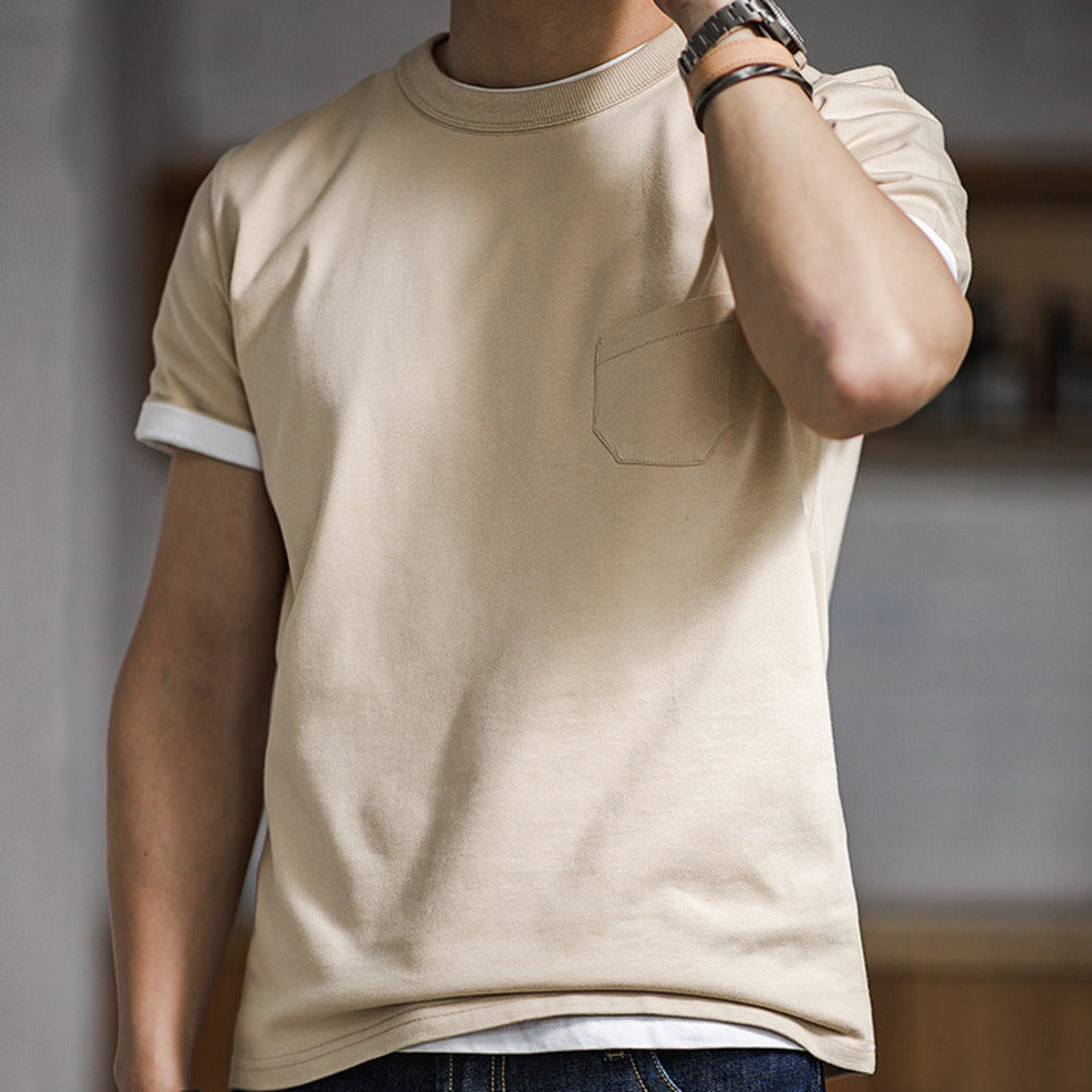 美式復古三本針口袋t恤阿美咔叽棉半袖硬漢短袖