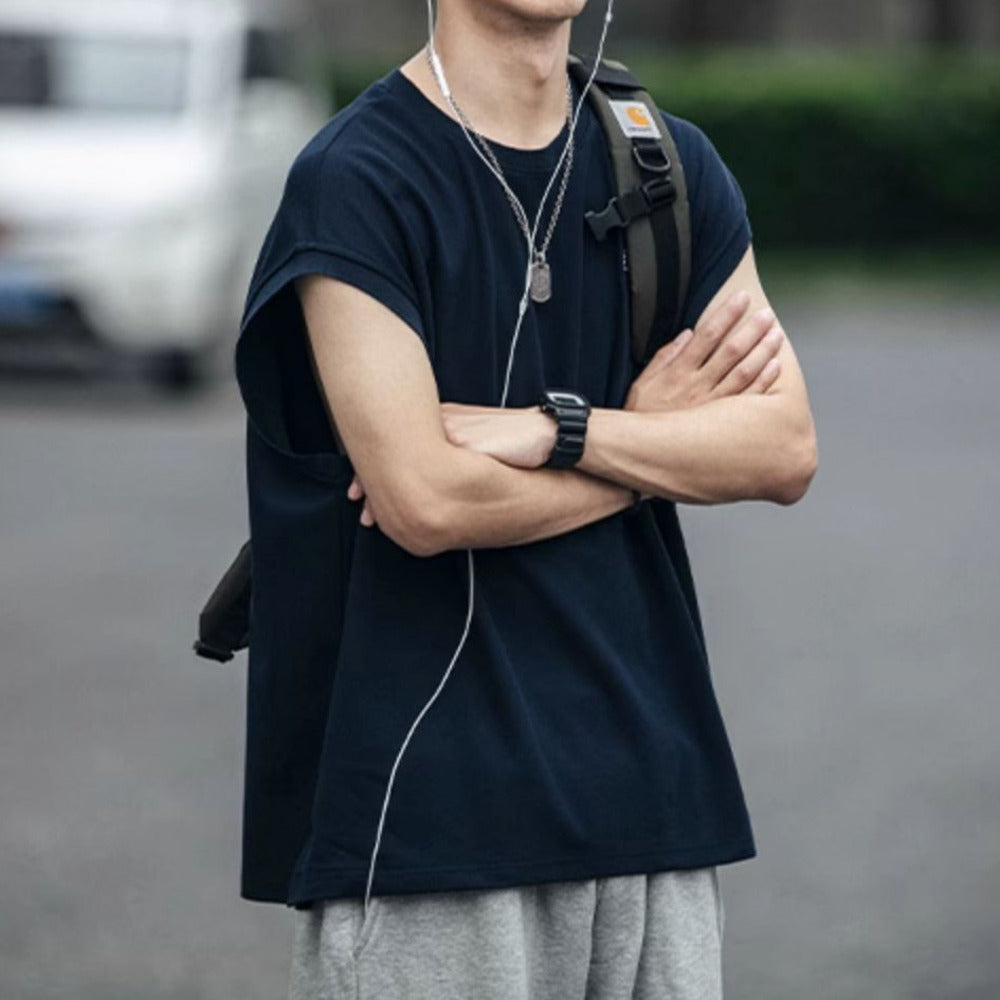 復古百搭無袖t恤男夏季韓版潮流運動汗20224新款短袖