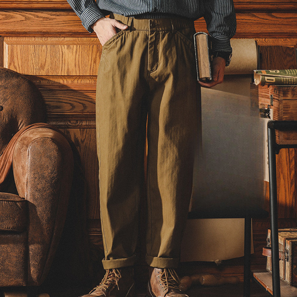 法式工裝褲男春秋款美式復古男裝廓爾格西褲寬松直筒休閑錐形褲