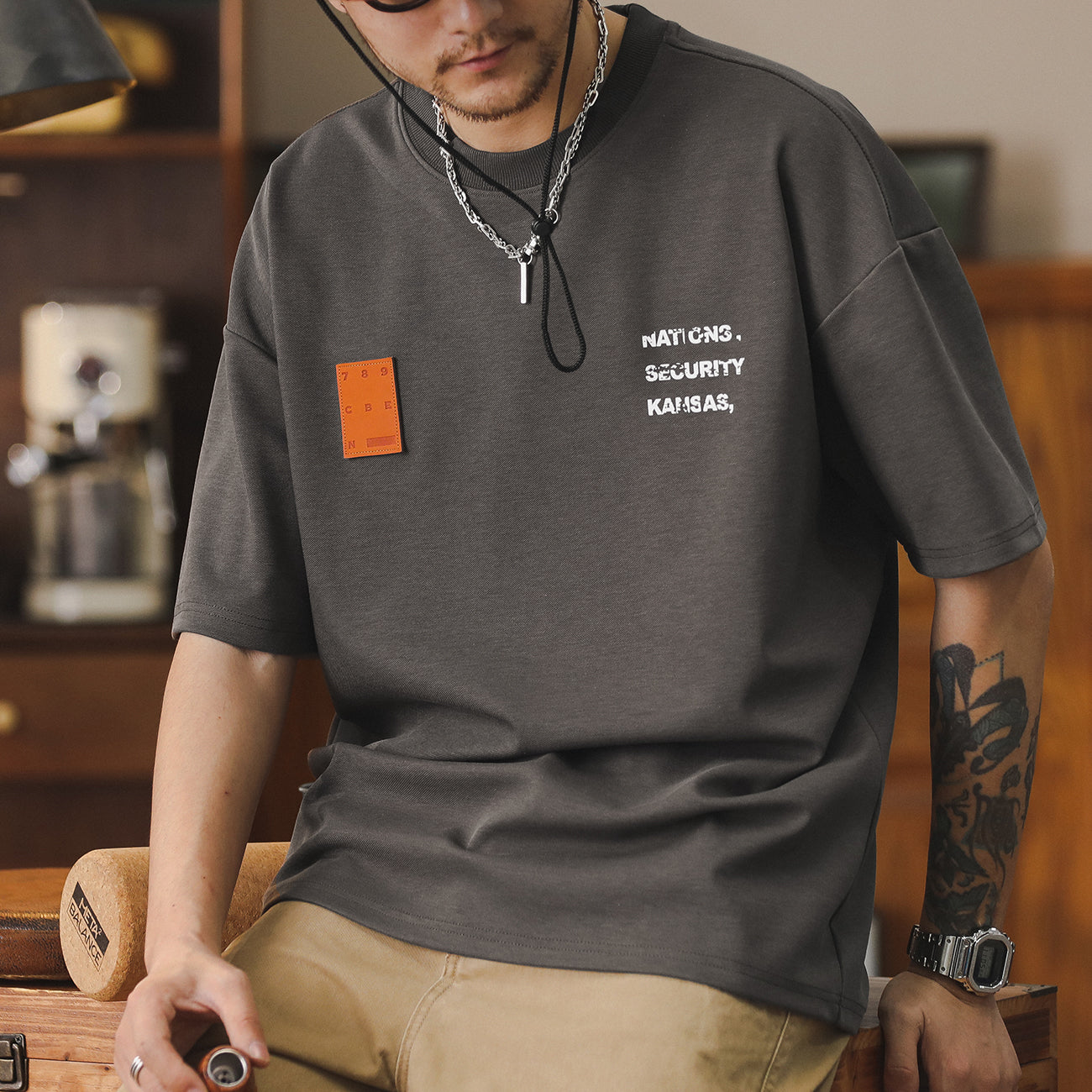 美式280g天絲涼感短袖t恤男皮牌標寬松休閑新款圓領半袖