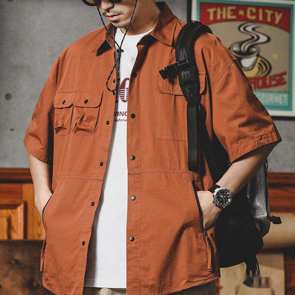 美式机能衬衫男短袖夏季款潮牌宽松大码休闲工装衬衣半袖外套