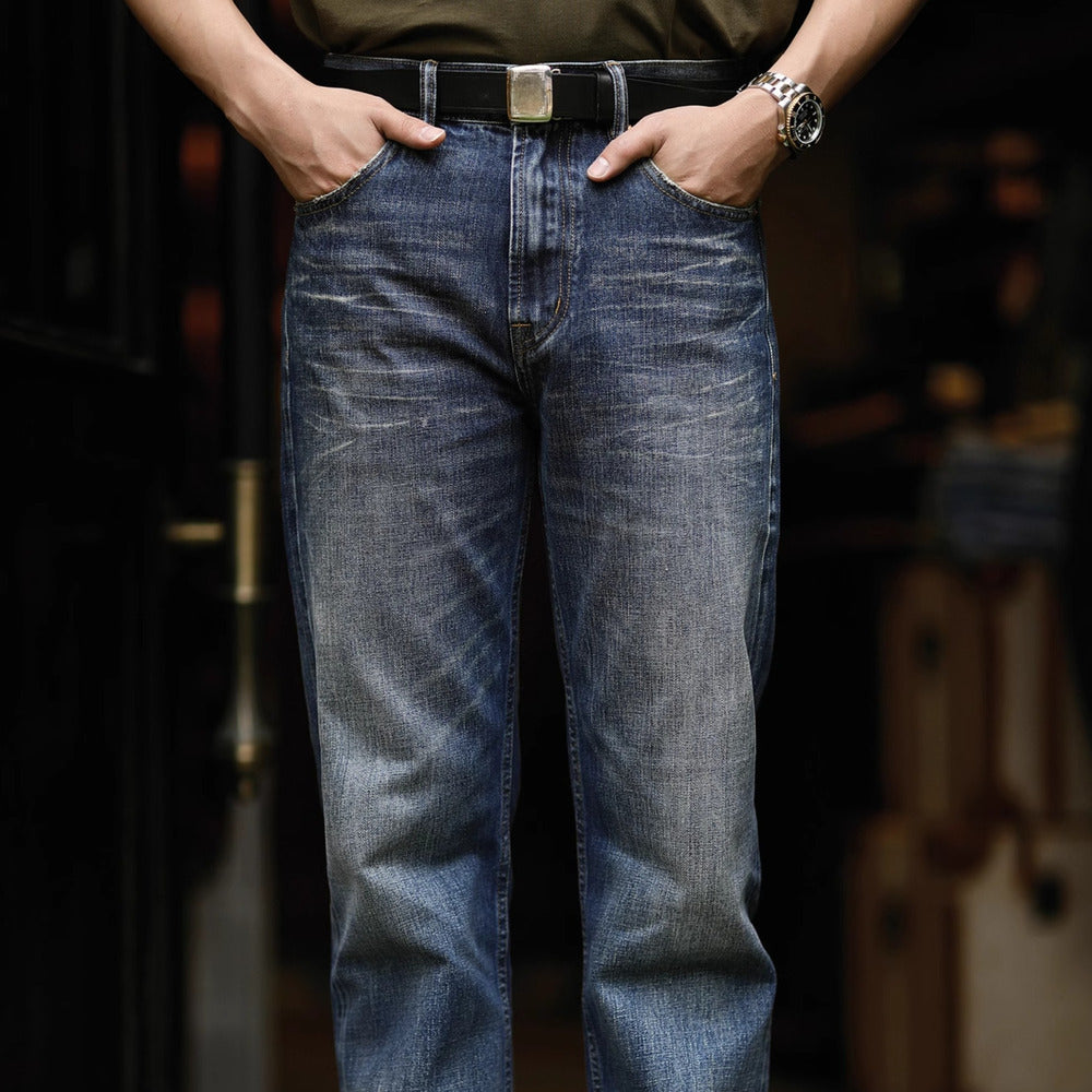 高端復古工藝水洗寬松直筒牛阿美咔叽赤耳丹寧長褲