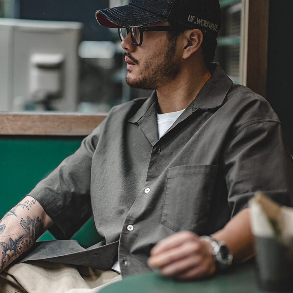 復古巴領寬鬆短袖襯衫透氣哢嘰休閒男寸衣痞帥夏山系