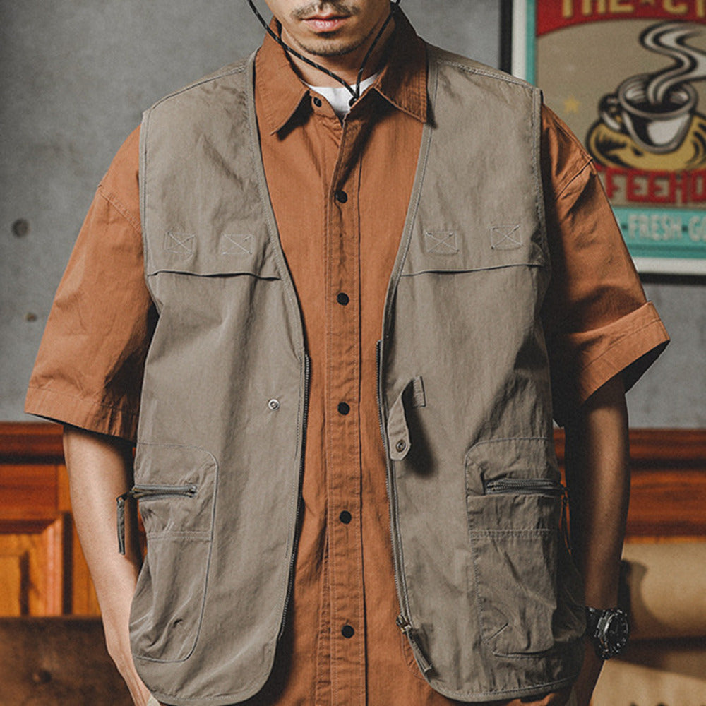 春季山系戶外釣魚無袖夾克外套男潮牌寬松美式工裝馬夾