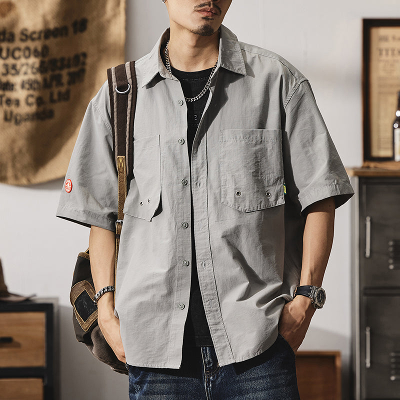 純棉復古大碼工裝外套夏季戶外美式街頭半袖襯衣