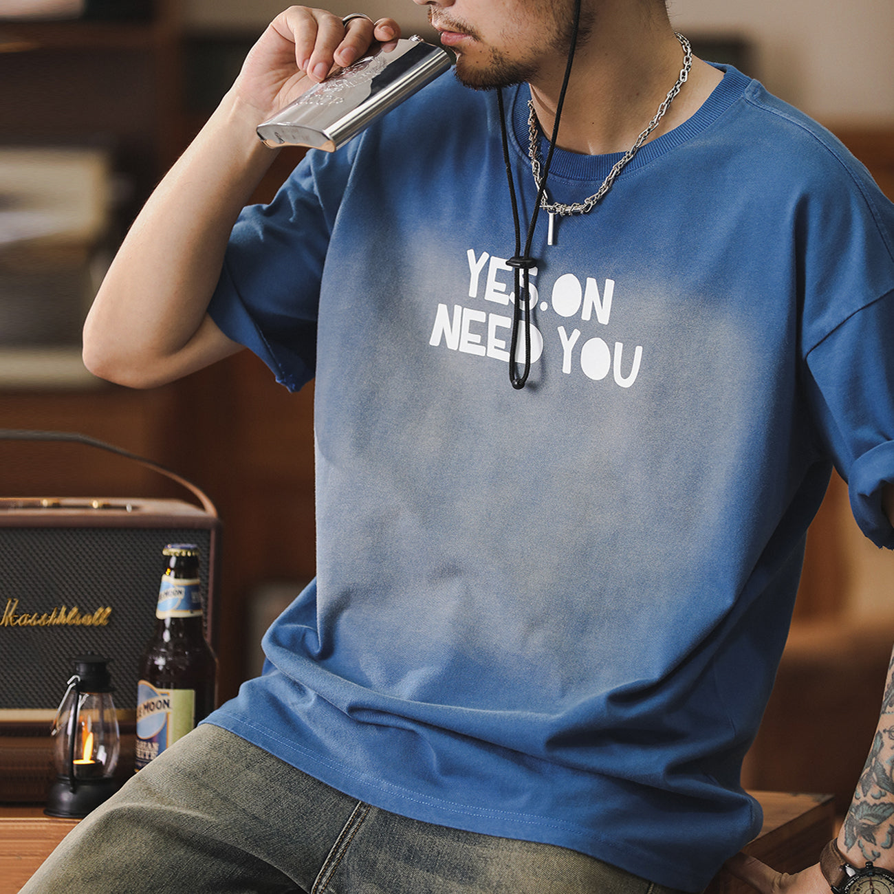 美式純棉圓領短袖t恤夏季潮牌水洗寬松大碼