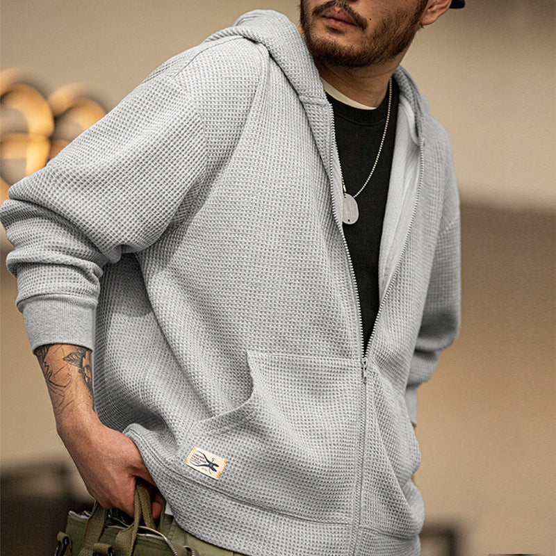 復古灰色連帽華夫格衛衣慵懶開衫運動外套針織衫