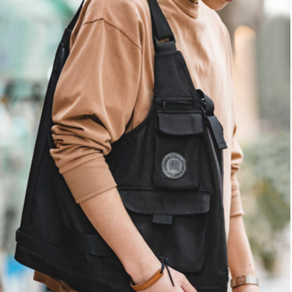 復古多口袋機能風馬甲無袖坎肩背心兩用挎包外套