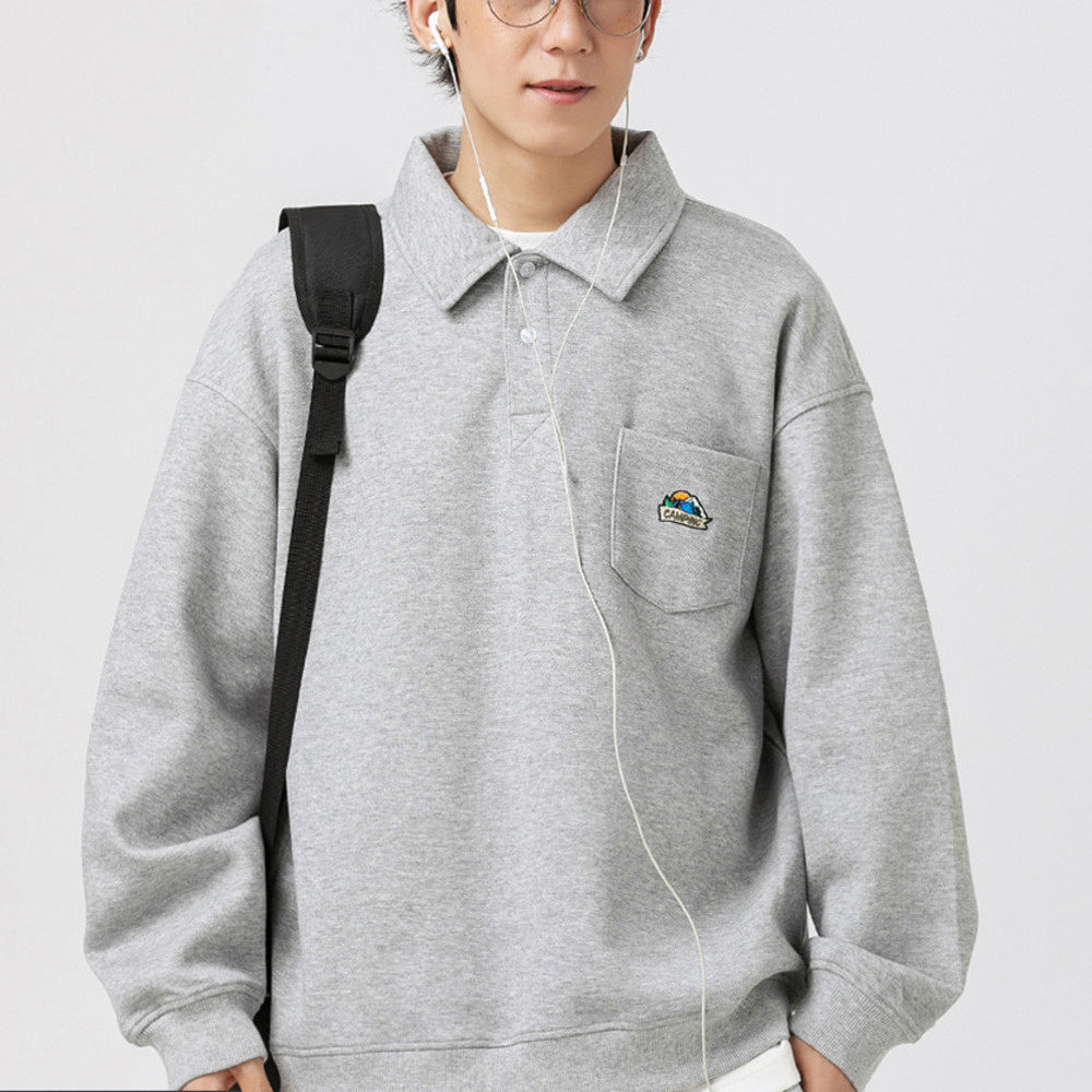 春秋季簡約袖標POLO衫男潮牌ins寬松上衣新款翻領衛衣