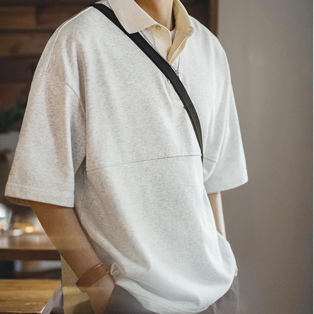 美式復古針織短袖polo衫cleanfit翻領五分袖T恤男夏