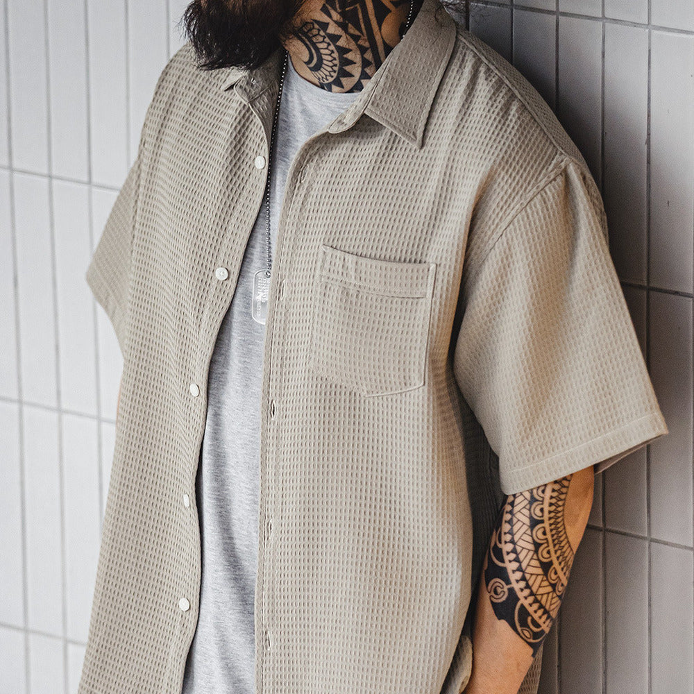 美式休閑華夫格短袖襯衫免燙抗皺肌理感透氣襯衣