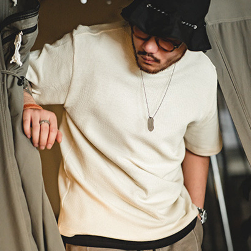 美式復古250g華夫格圓領針織短袖T恤半袖打底衫