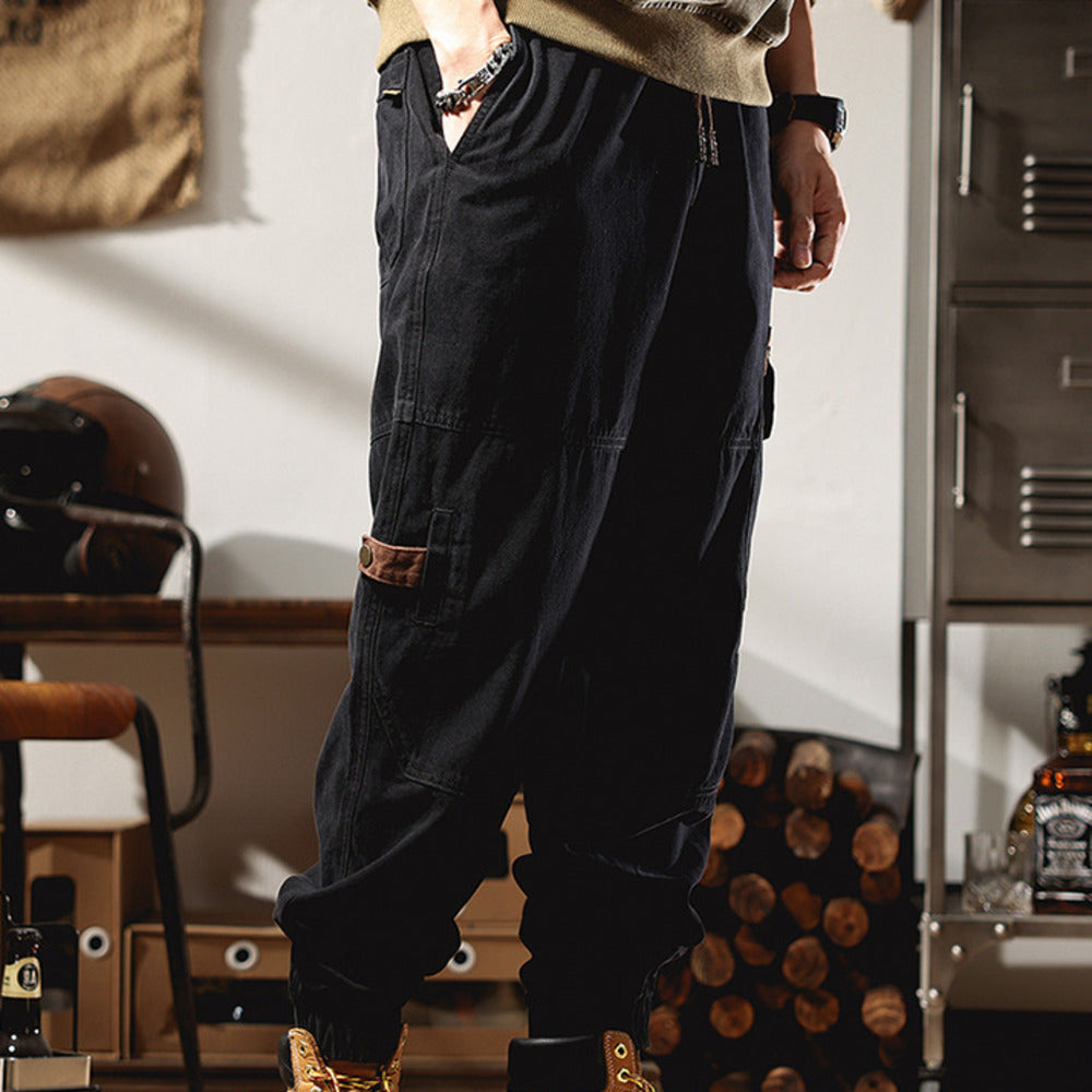 美式工装裤子男士春秋季痞帅宽松大码机能9分束脚裤休闲长裤