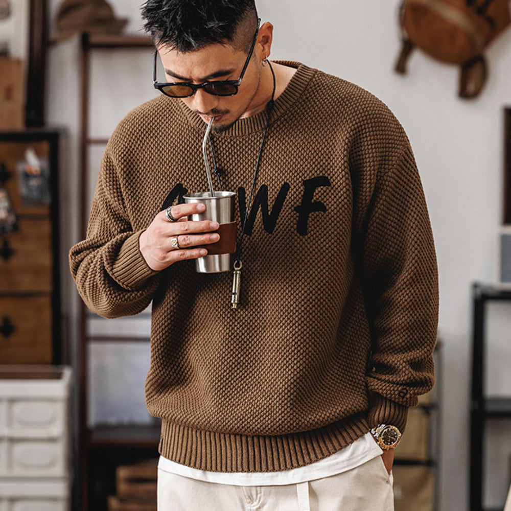美式復古冬季潮牌字母針織衫男士寬松保暖線衣