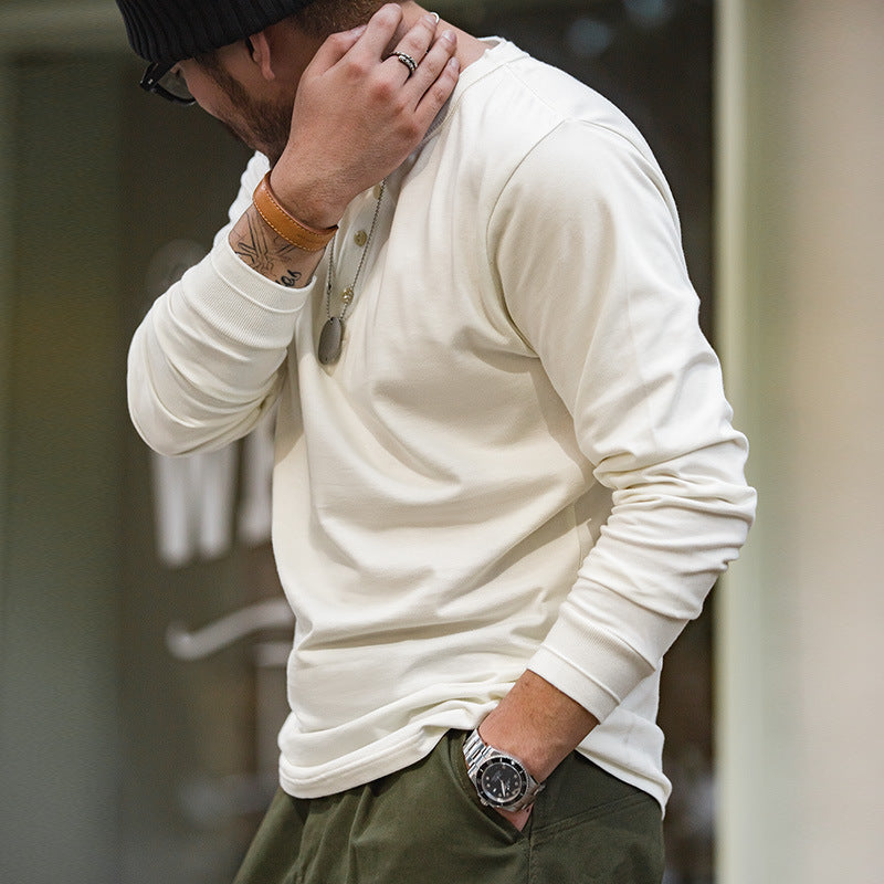 美式復古長袖亨利衫T恤開領硬漢外穿薄款打底衫