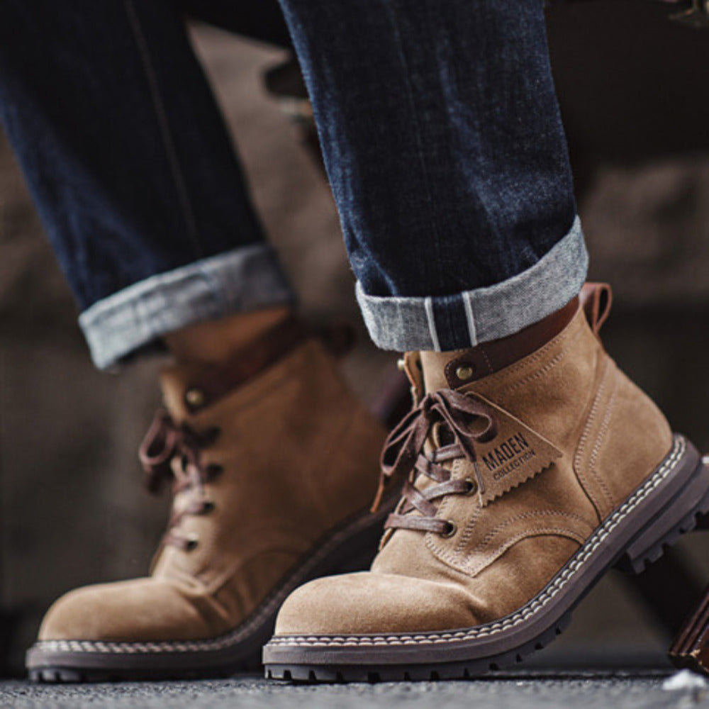 秋季新款美式工裝靴男復古中幫真皮馬丁靴戶外沙漠靴