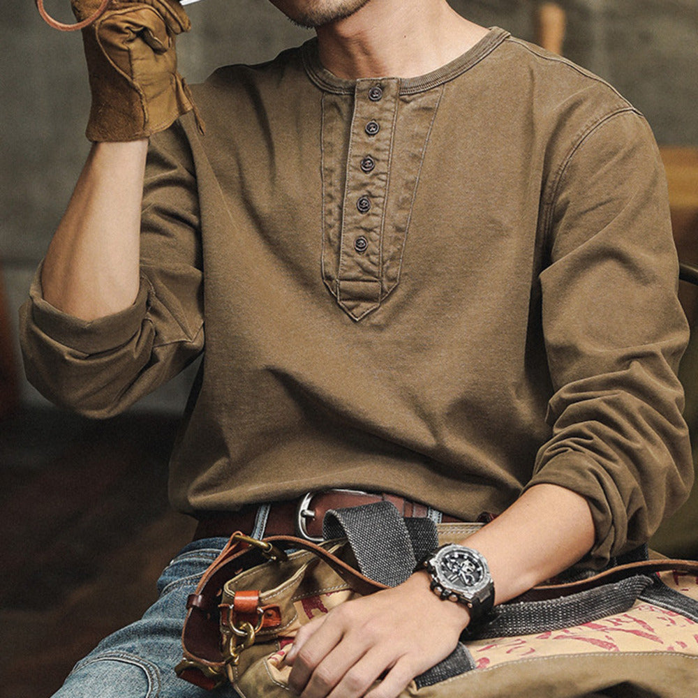 硬漢水洗做舊純棉Polo衫男春秋款休閑美式復古亨利衫長袖T恤