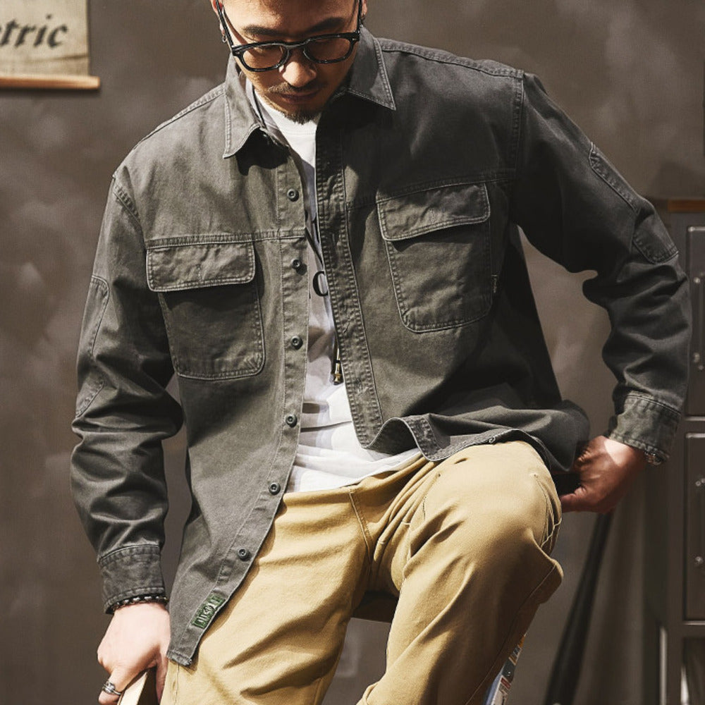 高級感春秋季工裝外套美式復古硬漢襯衣