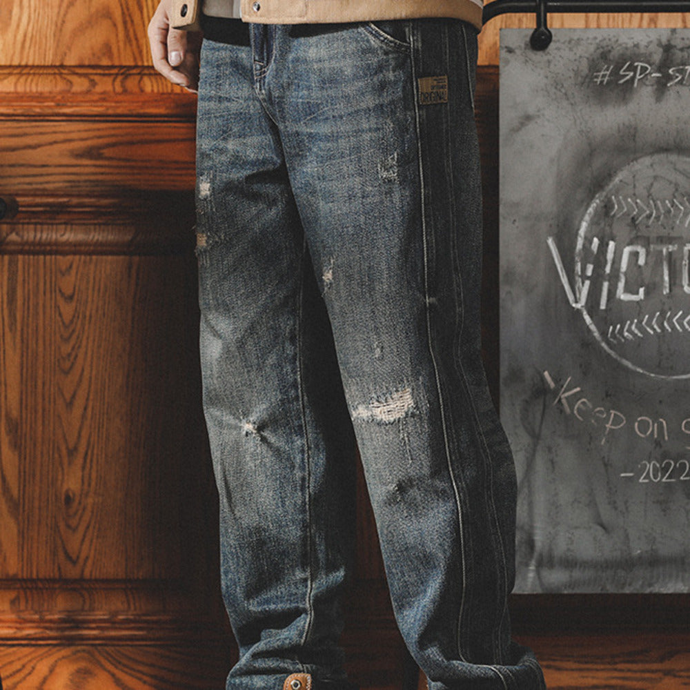 美式復古寬松直筒牛仔褲男春秋破洞潮牌阿美咔叽褲子男士休閑長褲