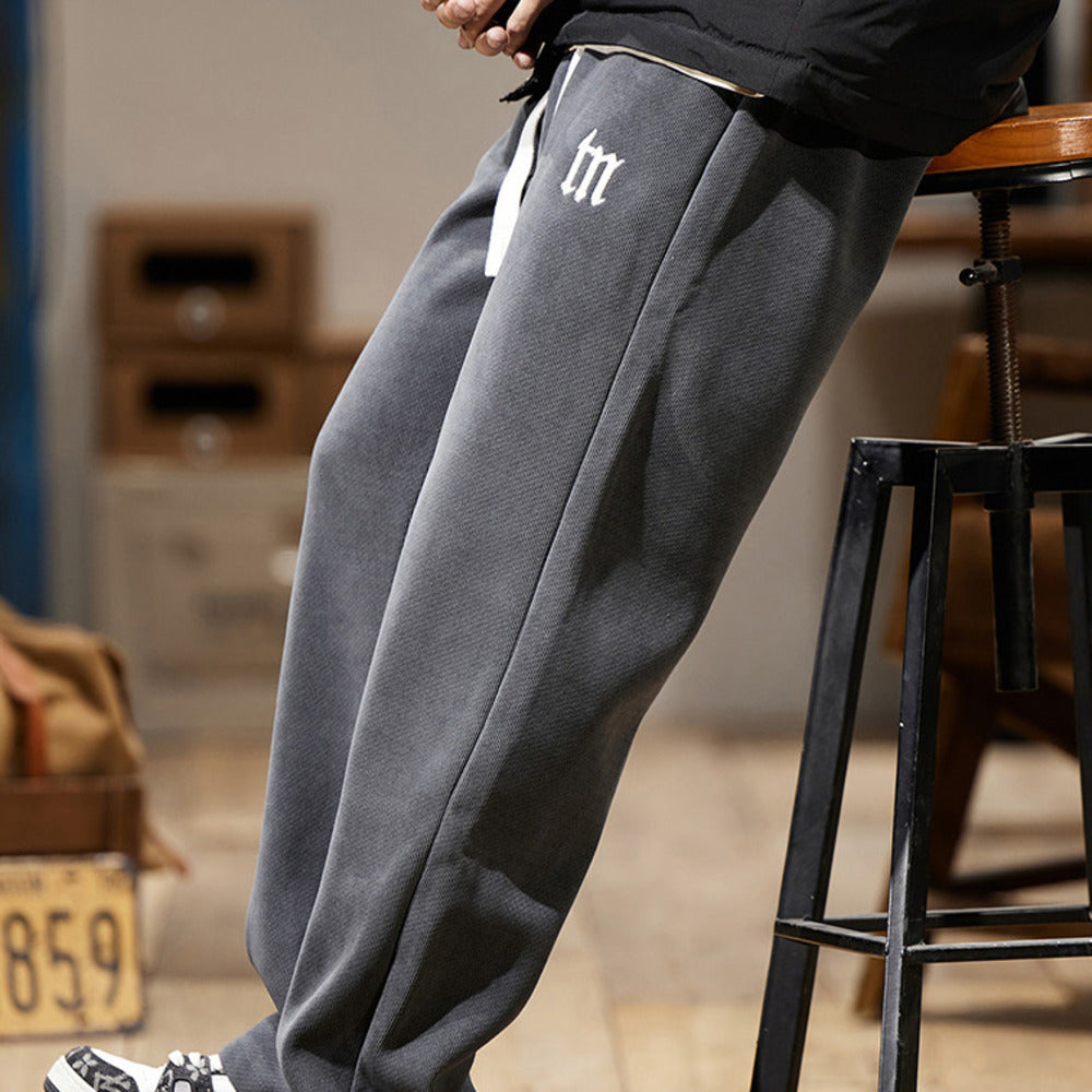 美式寬松衛褲男士垂感直筒長褲針織刺繡休閑褲