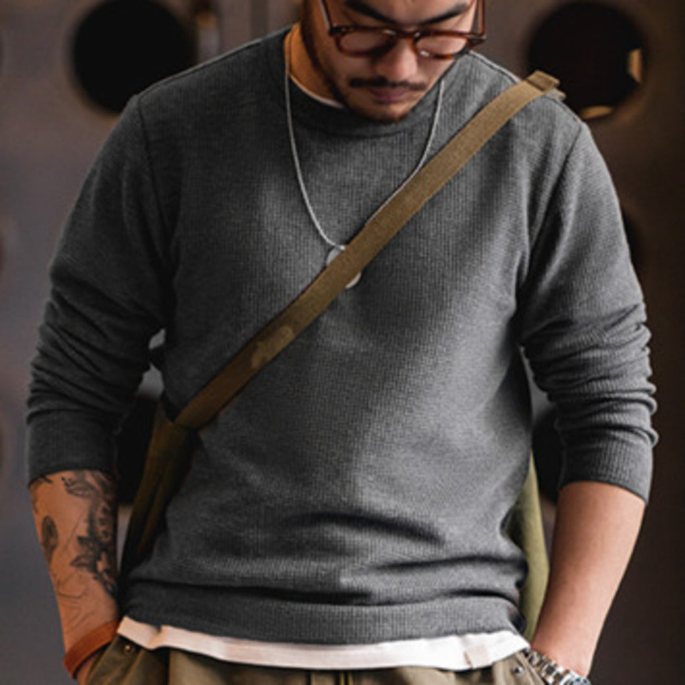 復古300g華夫格圓領T恤衛衣三本針長袖打底衫