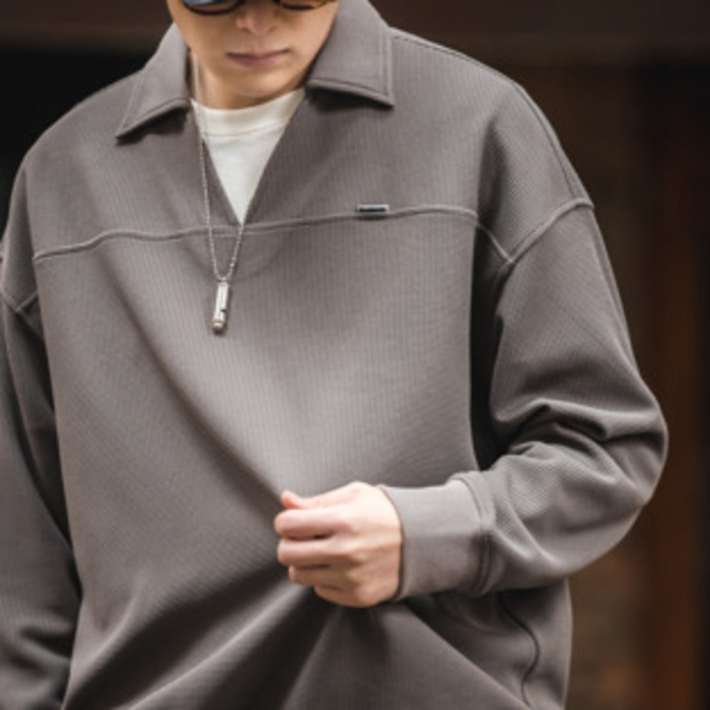 復古華夫格V領polo衫衛衣寬松套頭百搭翻領上衣