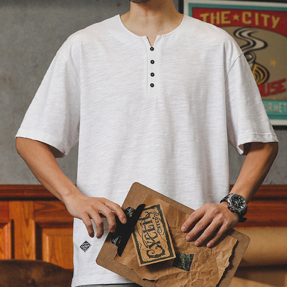 美式亨利領t恤短袖男潮牌潮流寬鬆竹節棉麻體恤衣服男款夏季