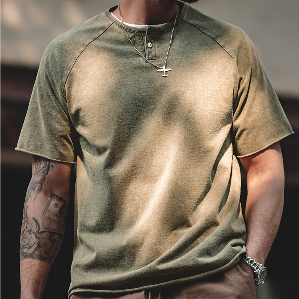 復古做舊亨利領彈力修身短袖咔叽美式硬漢T恤衫