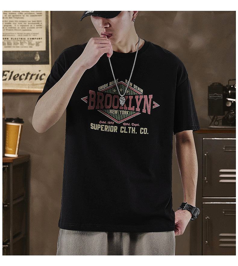 美式復古t恤短袖男夏季大碼純棉上衣字母印花260g半袖衫