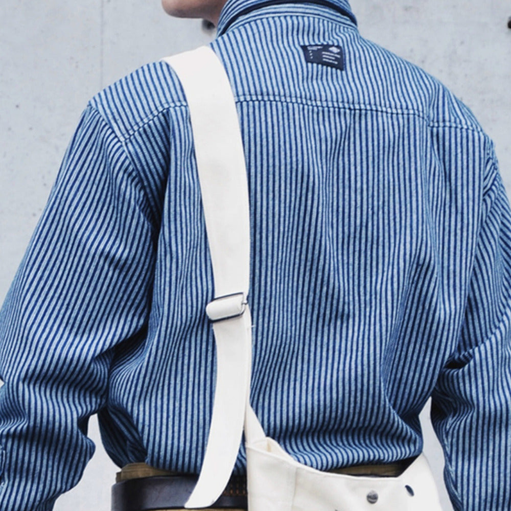 法式工裝藍色條紋襯衫男長袖寸衫春秋季美式寬松休閑襯衣外套