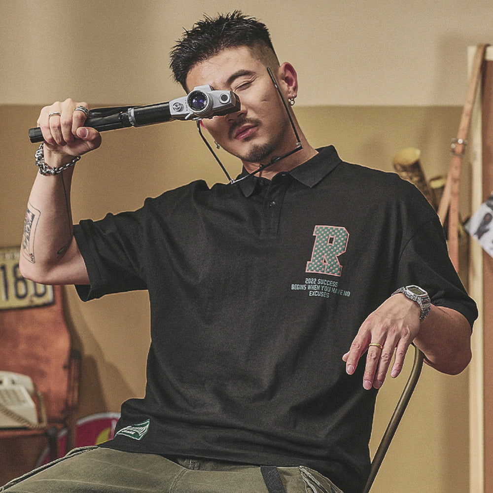 潮牌t恤短袖polo衫美式字母男通勤半袖体恤