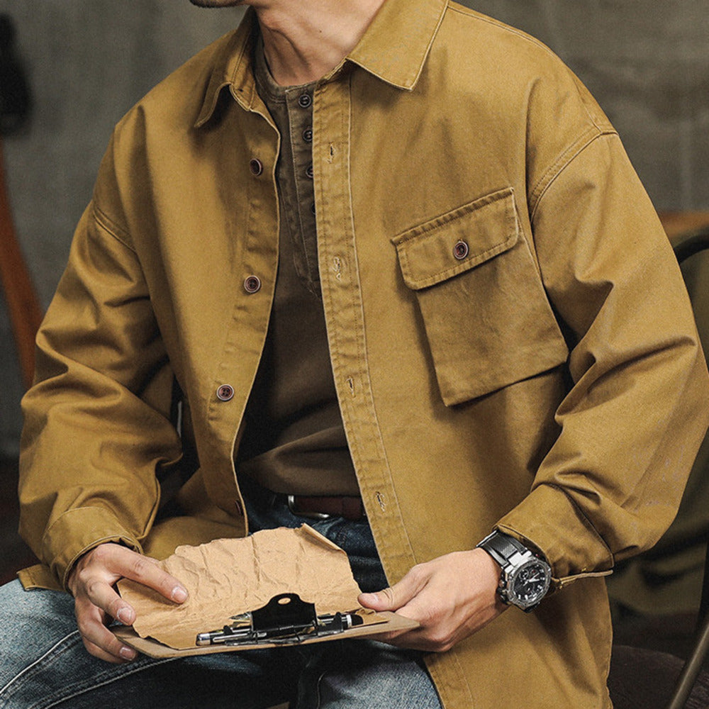 美式復古工裝襯衫外套男純棉春季長袖寸衫寬松休閑廓形襯衣